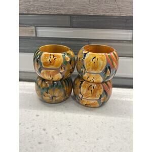 Palette Designs Hand Painted Floral Wood Napkin Ring Holder Set of 4 India